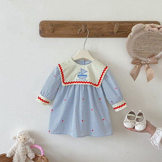 長袖ワンピース Sailboat Embroidered Striped Dress ヨット刺繍 ストライプ ワンピース【mh0011955】