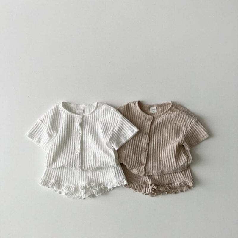 キッズ用リブ素材半袖Tシャツ&ショートパンツセット(白とベージュ)、ツーピース