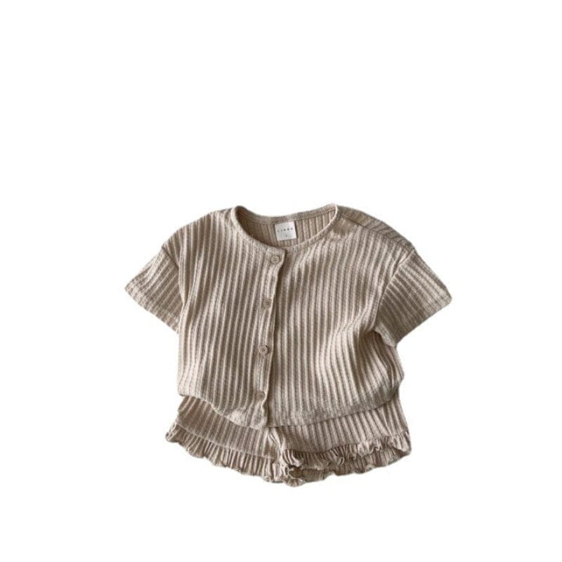 キッズ用リブ素材半袖Tシャツ&ショートパンツセット(ベージュ)、フリル裾