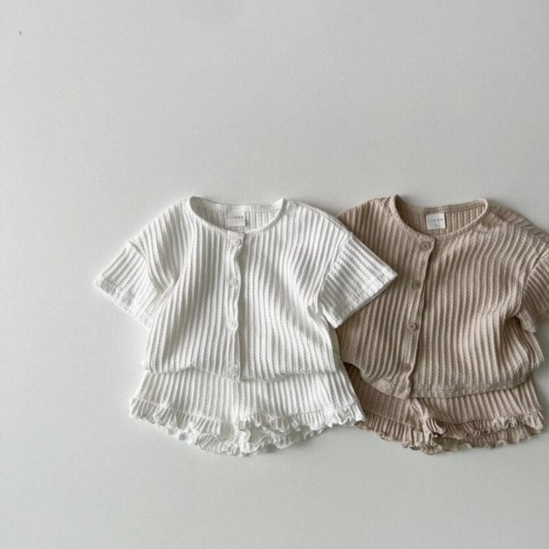 キッズ用半袖Tシャツ&ショートパンツセット(白×ベージュ)、リブとフリル