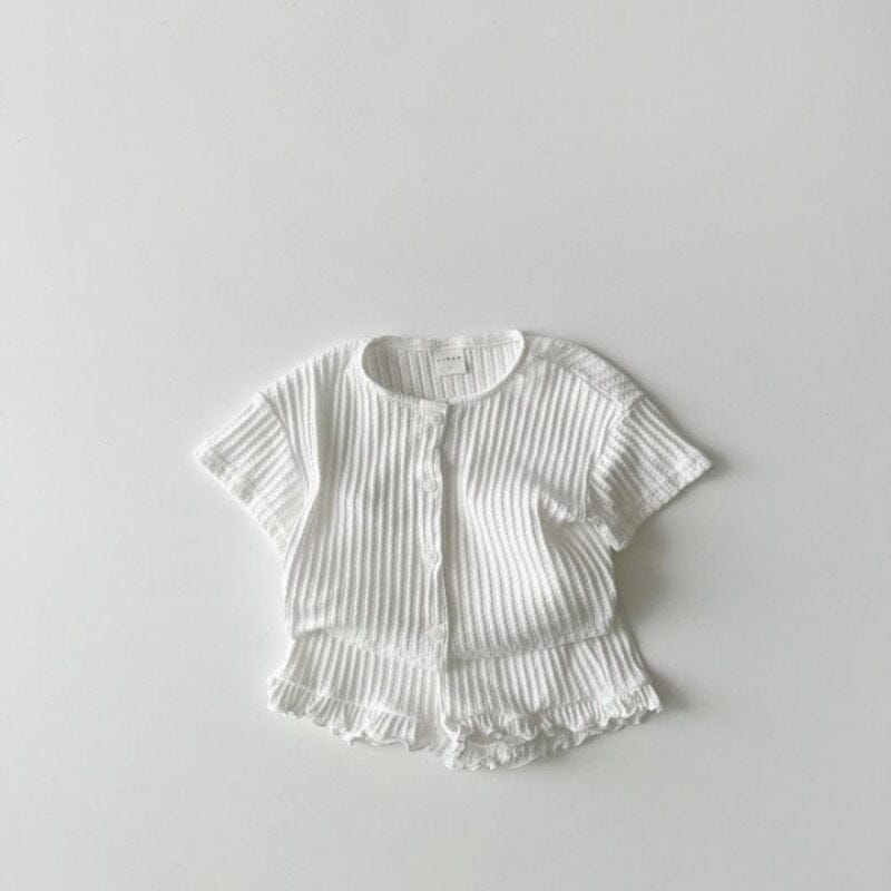 キッズ用リブ素材半袖Tシャツ&ショートパンツセット(白)、裾フリル