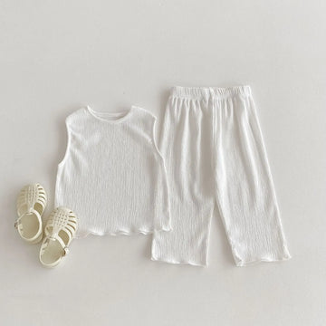 ノースリーブセットアップ White / 12M 80CM キッズセットアップ 2点セット ノースリーブシャツ+ワイドルーズロングパンツ 無地 3カラー【mh0005573】
