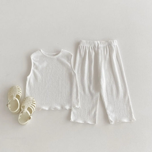 ノースリーブセットアップ White / 12M 80CM キッズセットアップ 2点セット ノースリーブシャツ+ワイドルーズロングパンツ 無地 3カラー【mh0005573】