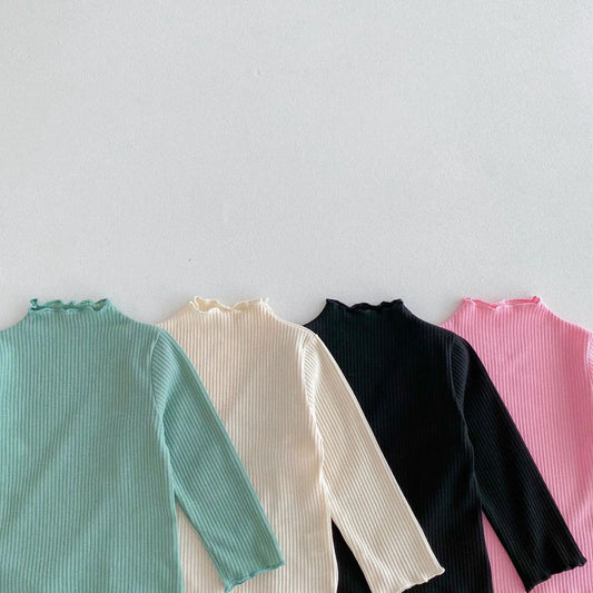 長袖Tシャツ キッズトップス フリルハイネック ボトルネック 長袖Tシャツ シンプルベーシック 4カラー【mh0006378】