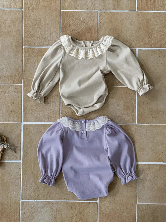 長袖ロンパース ベビーロンパース ダブルレース襟長袖ボディスーツ 2カラー【mh0006909】