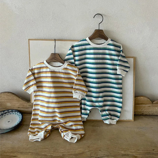 長袖ロンパース ベビーロンパース レトロボーダー長袖ジャンプスーツ 2カラー【mh0007408】