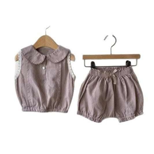 丸襟ノースリーブブラウスとバルーンショートパンツ、パープル系のセット