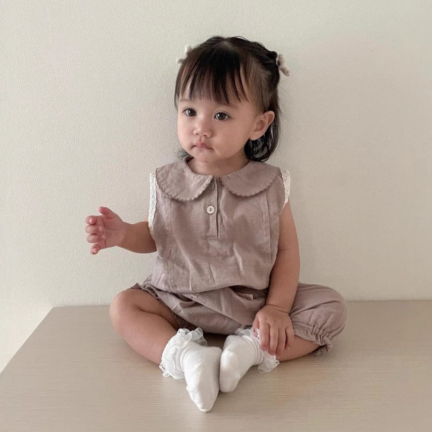 丸襟ノースリーブブラウスとバルーンショートパンツのセット、パープル系