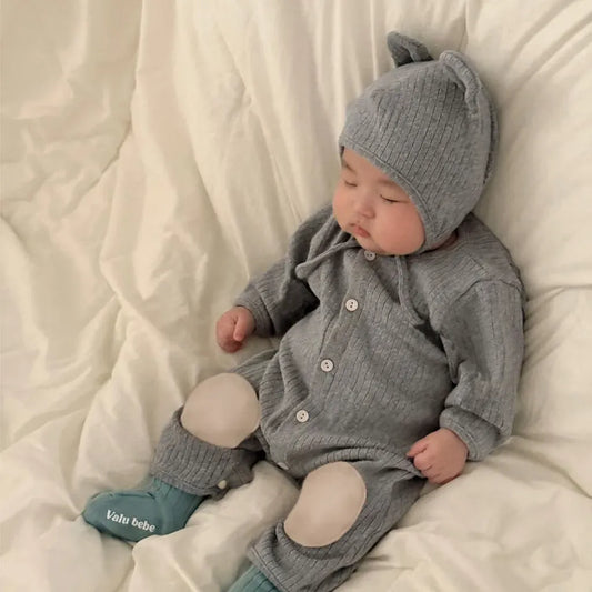 長袖ロンパース リブ編みひざパッチ長袖ロンパース+くま耳帽子 2点セット【mh0011137】