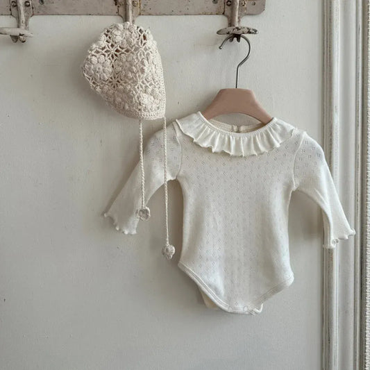 長袖ロンパース ベベビーロンパース ラッフル襟シンプル長袖ボディスーツ 3カラー【mh0007281】