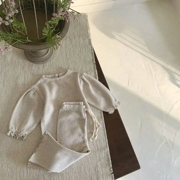 長袖セットアップ Apricot / 9M 73CM ベビーセットアップ 2点セット ワッフル長袖Tシャツ+フリルロングパンツ 2カラー【mh0006800】