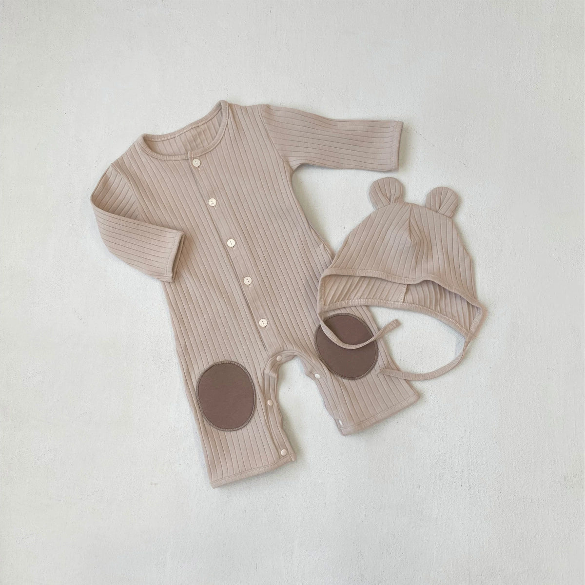 長袖ロンパース Apricot Set / 66cm リブ編みひざパッチ長袖ロンパース+くま耳帽子 2点セット【mh0011137】