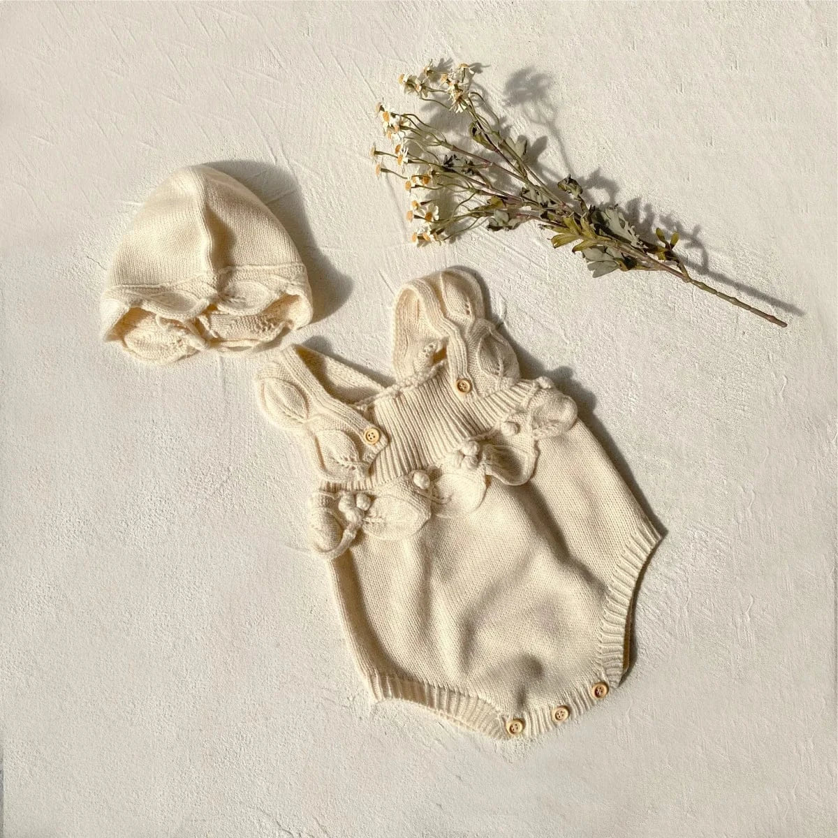 ノースリーブロンパース apricot set / 6M 66CM ベビーロンパース フリルサスペンダーニットボディスーツ+帽子セット【mh0008157】