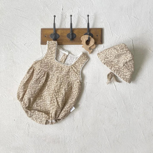ノースリーブロンパース Bodysuit + hat / 6M 66CM ベビーロンパース+帽子セット フラワープリントノースリーブボディスーツ+お揃いボンネット帽子【mh0007051】