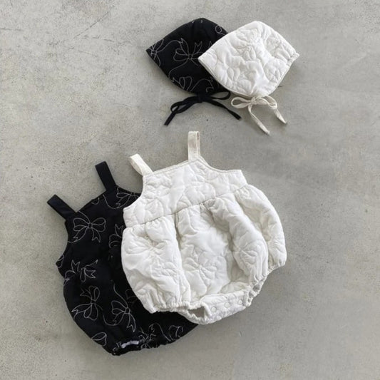ノースリーブロンパース Bow Padded Quilting Straps Jumpsuit リボン キルティング サロペット ロンパース【mh0011939】