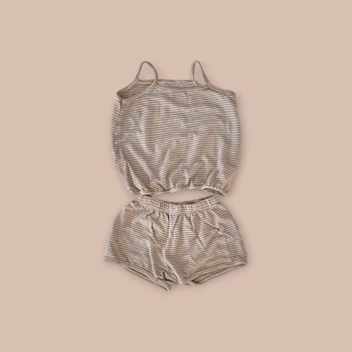 ノースリーブセットアップ Coffee / 66cm ボーダーキャミソールトップス+ショートパンツセットアップ 2点セット【mh0009856】