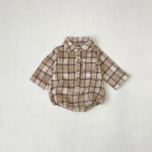 長袖ロンパース Coffee / 66cm 長袖ロンパース チェック シャツ襟 ボディスーツ【mh0011633】