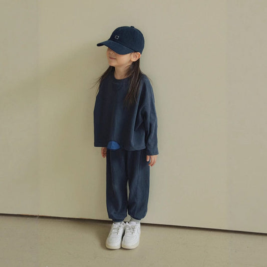 長袖セットアップ Dark Blue / 90cm パッチワークスウェットトップス+スウェットハーフパンツセットアップ 2点セット【mh0011101】
