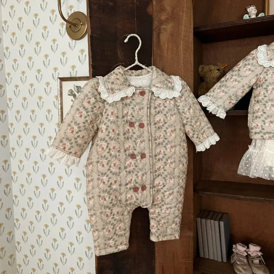 アウタージャンプスーツ Floral / 6M 66CM ベビーアウタージャンプスーツ レトロフラワープリントレースフリルダブルキルティング長袖ボディスーツ【mh0008148】