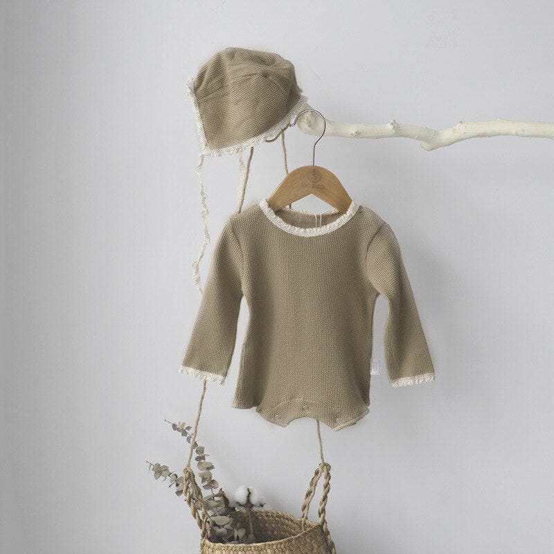 長袖ロンパース Khaki / 24M/90cm ベビーロンパース ボンネットセット レース縁取り 長袖ロンパース 帽子セット 3カラー【mh0000388】