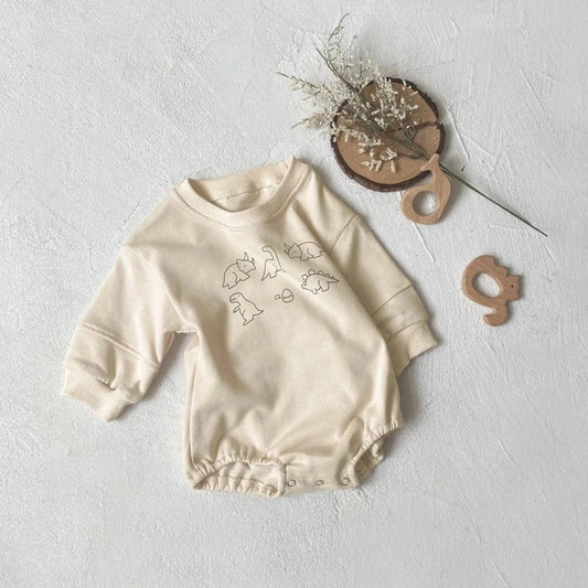 長袖ロンパース Light apricot / 3-6M 66cm ベビーロンパース 恐竜ダイナソープリント長袖ボディスーツ【mh-0008544】