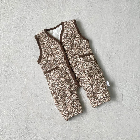 ノースリーブロンパース Light Brown / 6M 66CM ベビージャンプスーツ キルティングフラワープリントバイピングノースリーブロンパース【mh0008149】