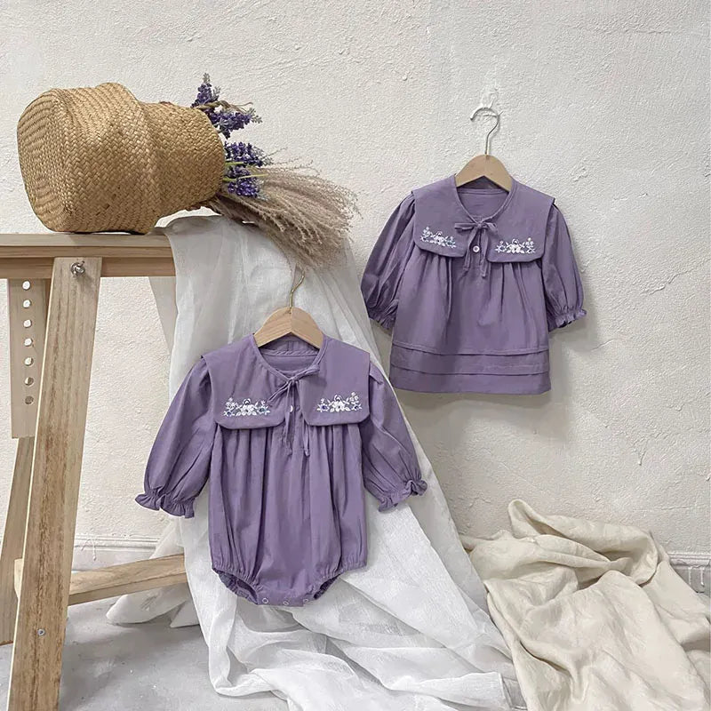 長袖ロンパース ベビーロンパース 長袖パフスリーブボディスーツ+つけ襟セット フラワー花柄刺繍 パープル【mh0004587】