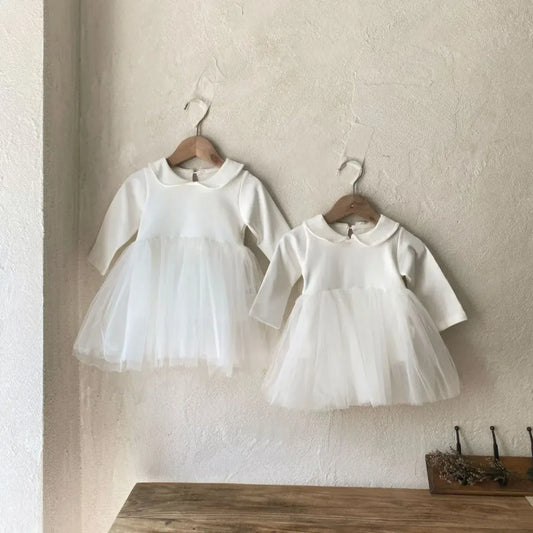 長袖ワンピース ベビーロンパース/キッズワンピース 長袖ドレス チュチュチュールドッキングスカート ホワイト リンクコーデ 姉妹お揃いコーデ【mh0005144】