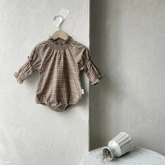 長袖ロンパース ベビーロンパース 長袖ボディスーツ リボン ベルスリーブ スタンドフリルカラー チェック【mh0006383】