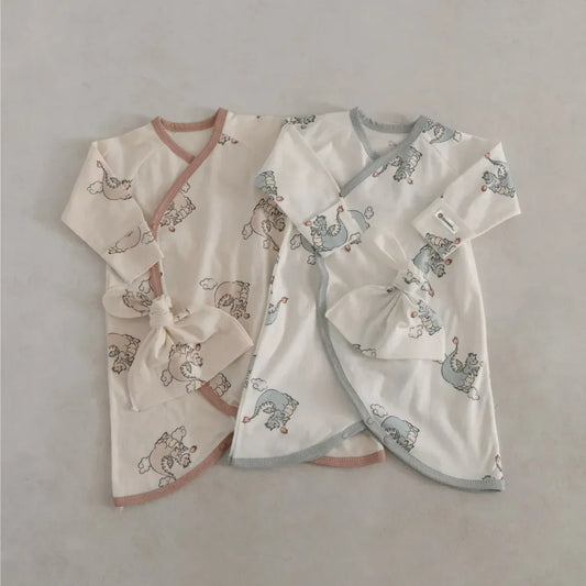 長袖ロンパース ベビーロンパース アニマルプリントコンビ肌着ボディスーツ+とんがりキャップ帽子セット【mh0007951】