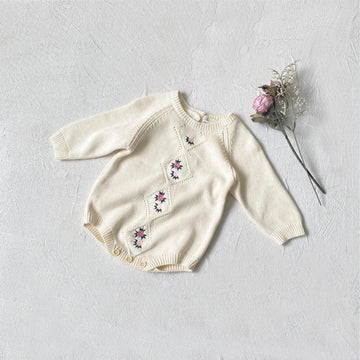長袖ロンパース ベビーロンパース フラワー刺繍ニット長袖ボディスーツ【mh0007952】