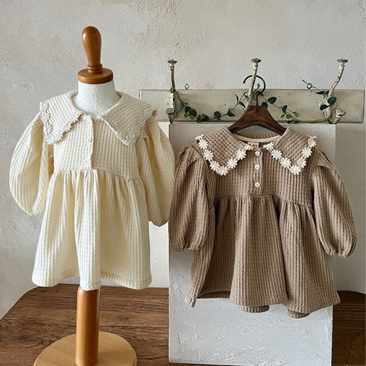 長袖ワンピース ベビーワンピース ワッフル襟付き長袖パフスリーブワンピース【mh0009028】