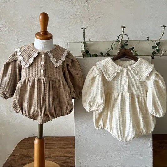 長袖ロンパース ベビーロンパース ワッフル襟付き長袖パフスリーブボディスーツ【mh0009031】