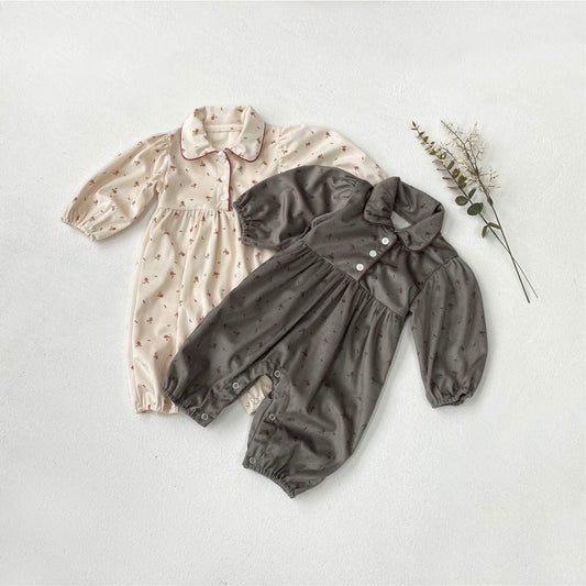 長袖ロンパース フラワープリント丸襟長袖パフスリーブロンパース【mh0009672】