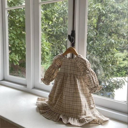 長袖ワンピース レトロチェックベルスリーブ長袖ワンピース【mh0009675】