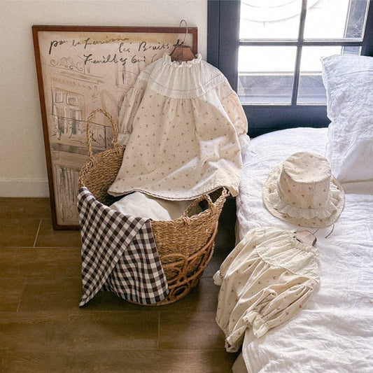 長袖ワンピース フラワープリントレースフリル長袖ワンピース 帽子セット【mh0009676】