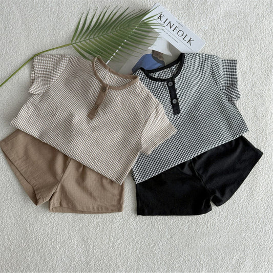 半袖セットアップ ヘンリーネックチェック半袖シャツ+ショートパンツ【mh0009849】