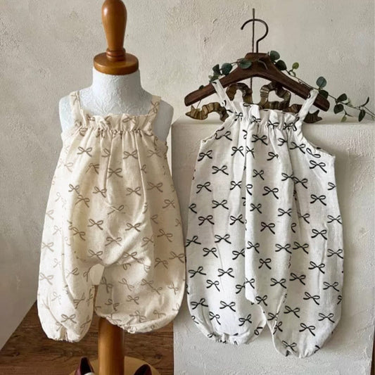 ノースリーブジャンプスーツ リボンプリントキャミソールジャンプスーツ+チューリップハット帽子セット【mh0010006】