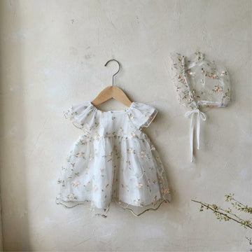 半袖ワンピース 刺繍フラワーチュールフリルスリーブワンピース+レース刺繍ボンネット帽子セット【mh0010206】