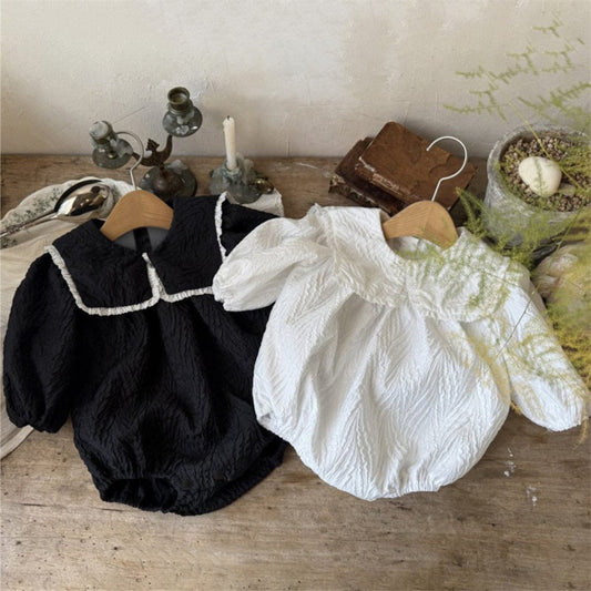 長袖ロンパース フリル襟ロンパース ビッグリボン付き ジャガード生地 長袖カバーオール【mh0010890】