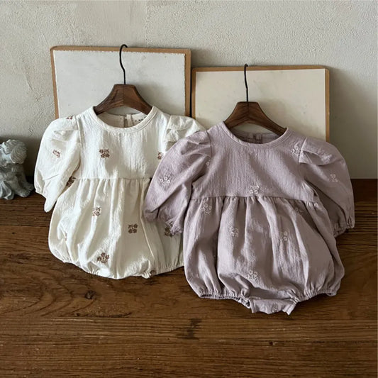 長袖ロンパース 小花刺繍パフスリーブロンパース【mh0011127】