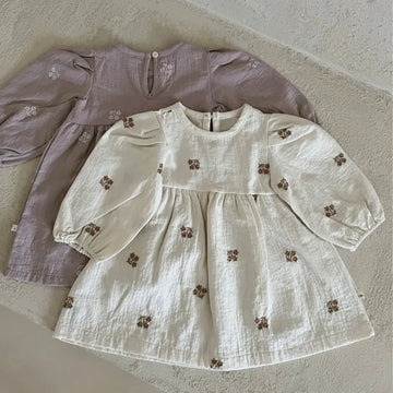長袖ワンピース 小花刺繍パフスリーブワンピース【mh0011128】