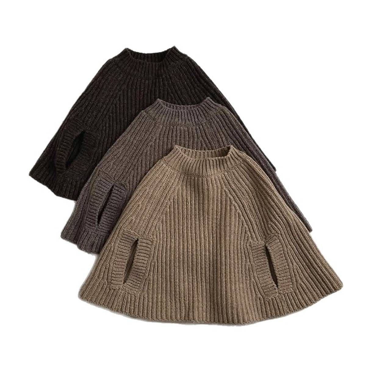 カーディガン・パーカー ニットポンチョ マント リブ編み ハイネック 袖穴付き アウター【mh0011370】