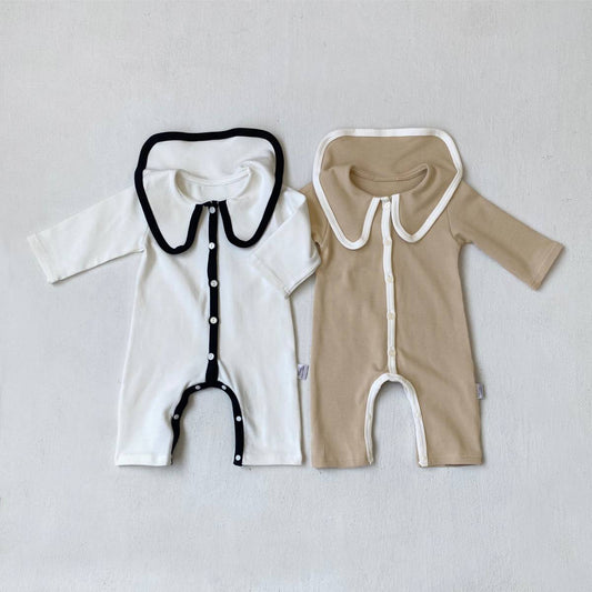 長袖ロンパース 長袖ロンパース ビッグ襟 パイピング 前開きスナップボタン カバーオール【mh0011371】