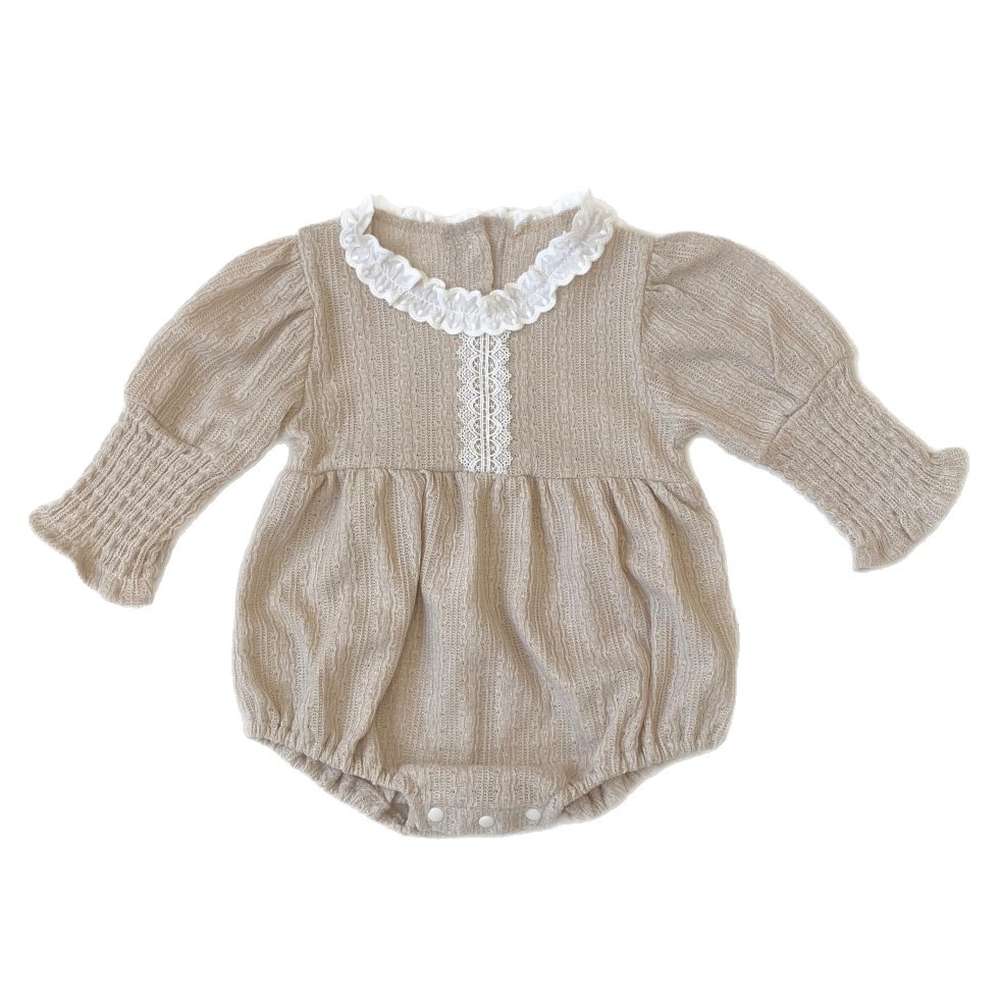 長袖ロンパース 長袖フリル襟ロンパース | レース花柄ジャガード | バルーンスリーブベビー服【mh0011491】