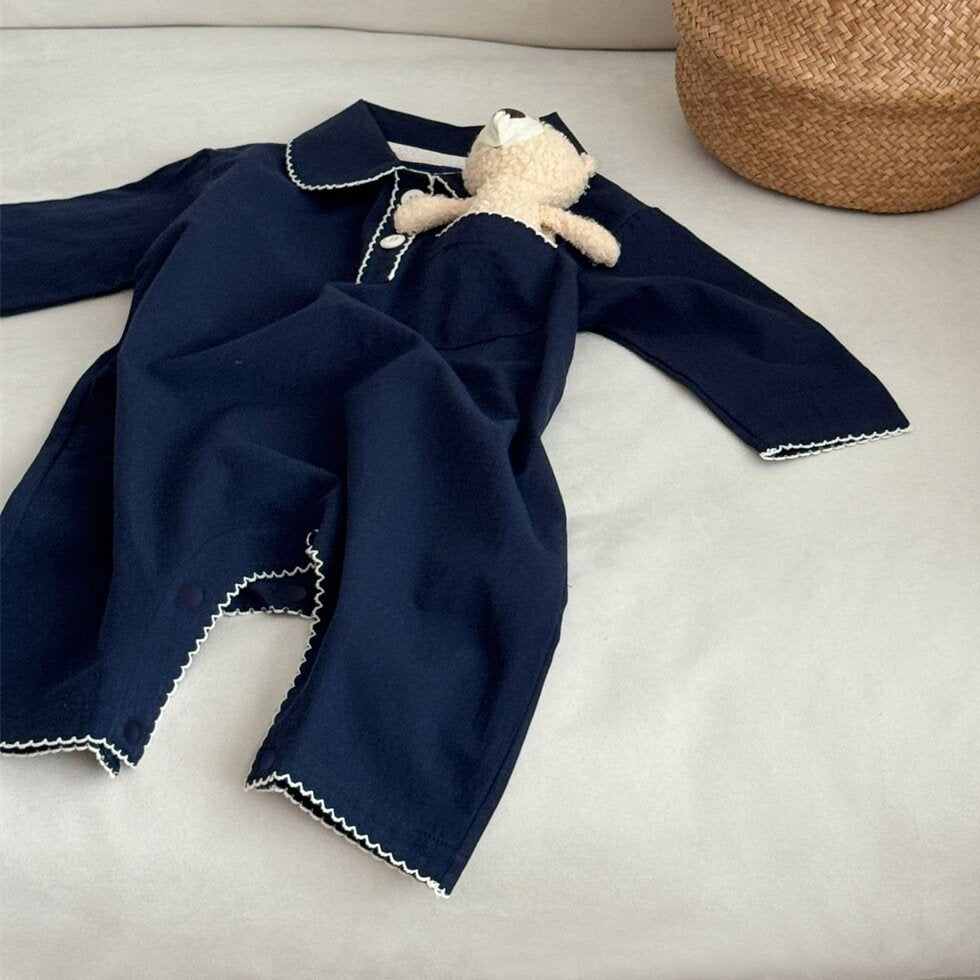 長袖ロンパース Navy / 66cm Two-Button Pocket Romper 2ボタン ポケット付ロンパース【mh0012120】
