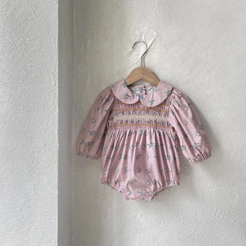 長袖ロンパース Pink / 6M 66CM ベビーロンパース フラワープリントシャーリング丸襟長袖ボディスーツ【mh0008598】