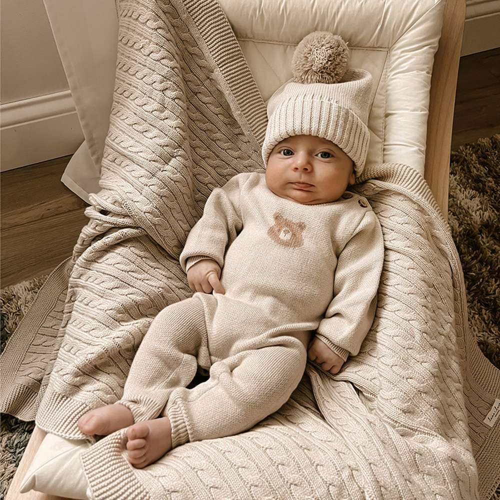 長袖ロンパース Set (Jumpsuit + Hat) / 66cm 長袖ニットジャンプスーツ | ベアくま刺繍 | ボンボンニット帽 セット【mh0011494】