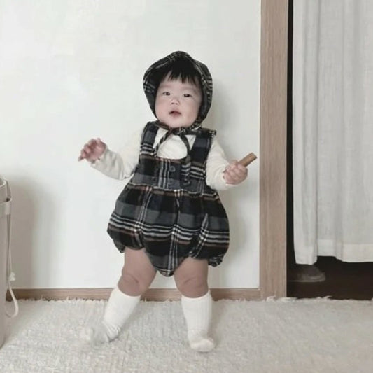 ノースリーブロンパース Tartan Plush Vest Romper Set タータンチェック 裏フリース ロンパース【mh0011852】