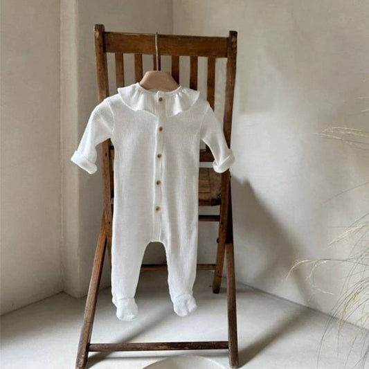 長袖ロンパース White / 66cm 長袖ロンパース ワッフル素材 フリル襟 前開き 足つき カバーオール【mh0011367】